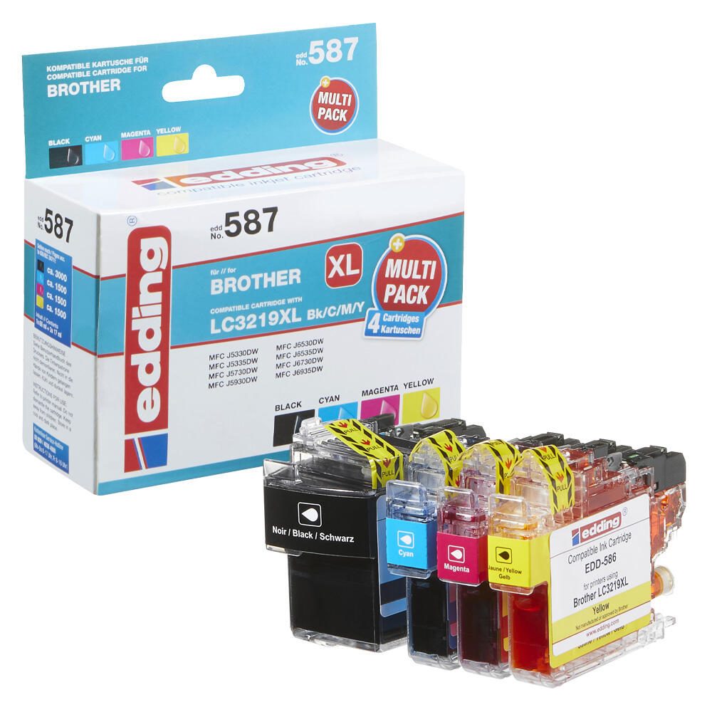edding Druckerpatronen EDD-587 schwarz, cyan, magenta, gelb kompatibel zu brother LC-3219XLBK/C/M/Y, 4er-Set
