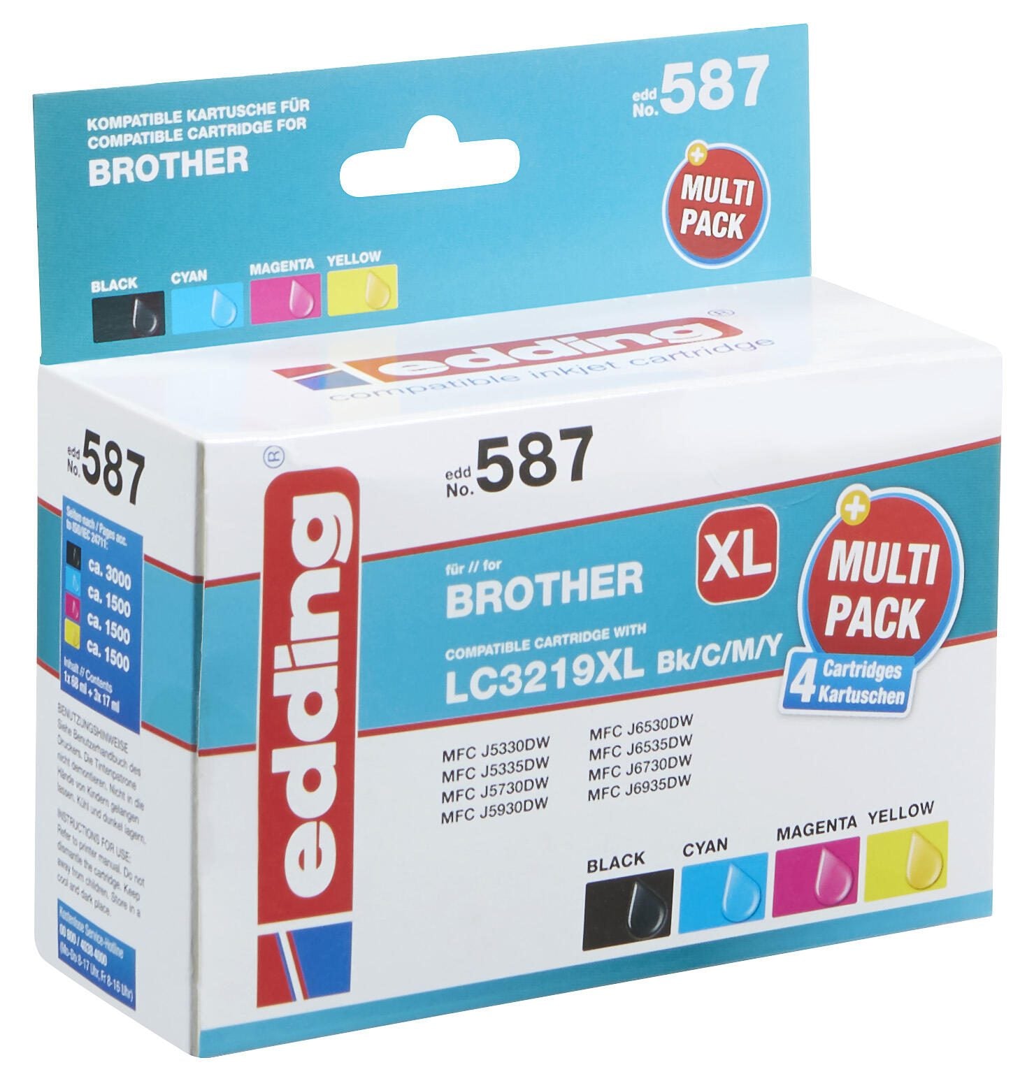 edding Druckerpatronen EDD-587 schwarz, cyan, magenta, gelb kompatibel zu brother LC-3219XLBK/C/M/Y, 4er-Set