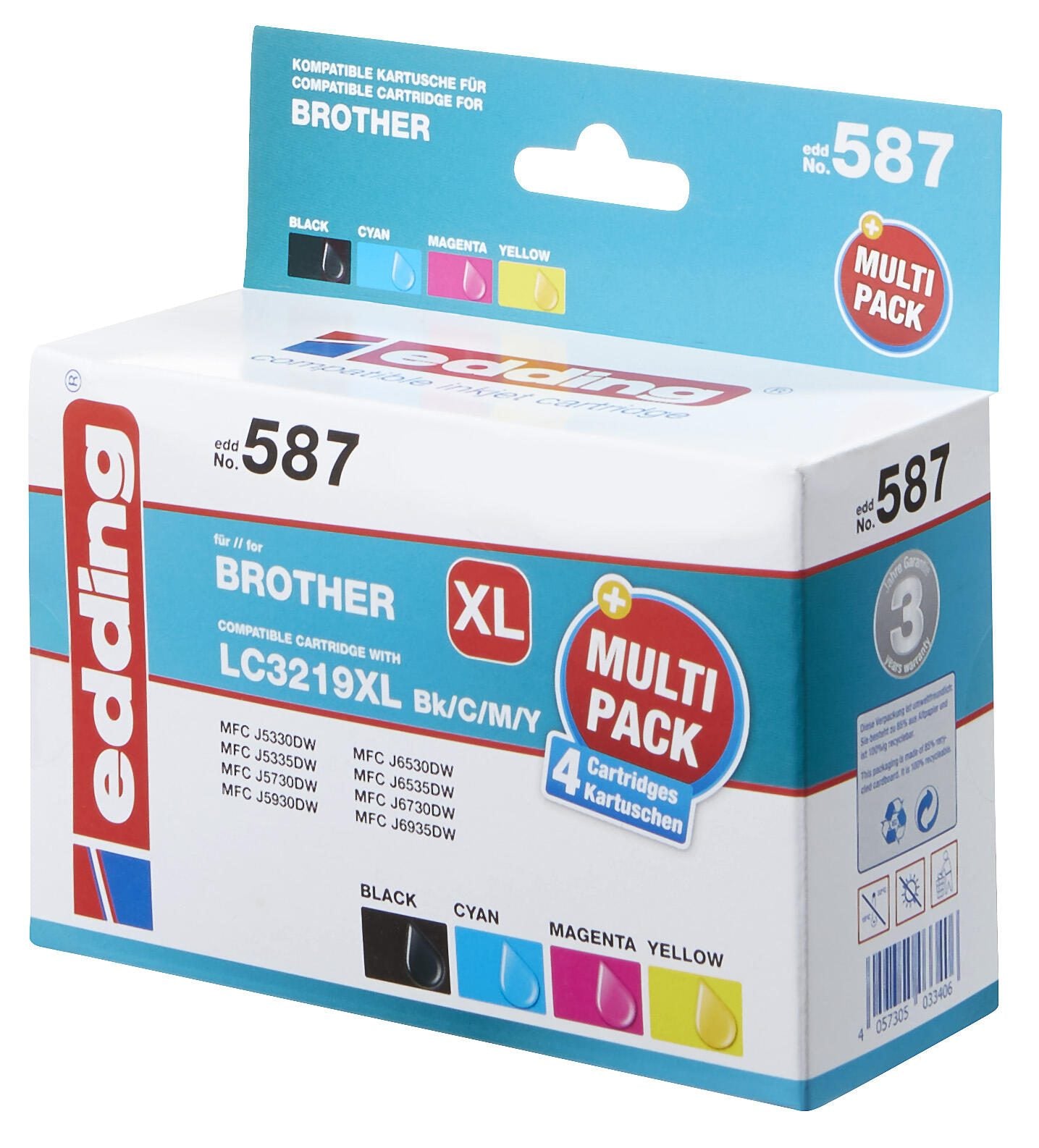 edding Druckerpatronen EDD-587 schwarz, cyan, magenta, gelb kompatibel zu brother LC-3219XLBK/C/M/Y, 4er-Set