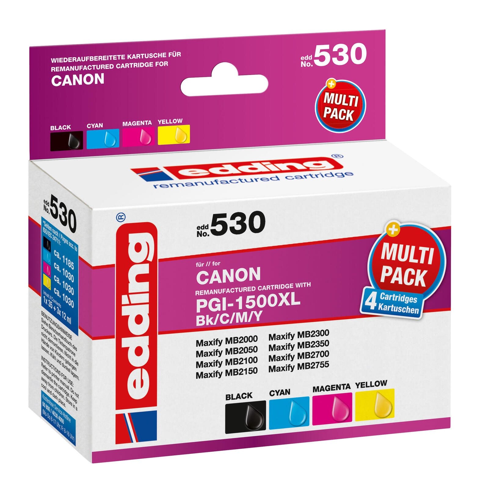 edding Druckerpatronen EDD-530 schwarz, cyan, magenta, gelb kompatibel zu Canon PGI-1500 XL BK/C/M/Y, 4er-Set