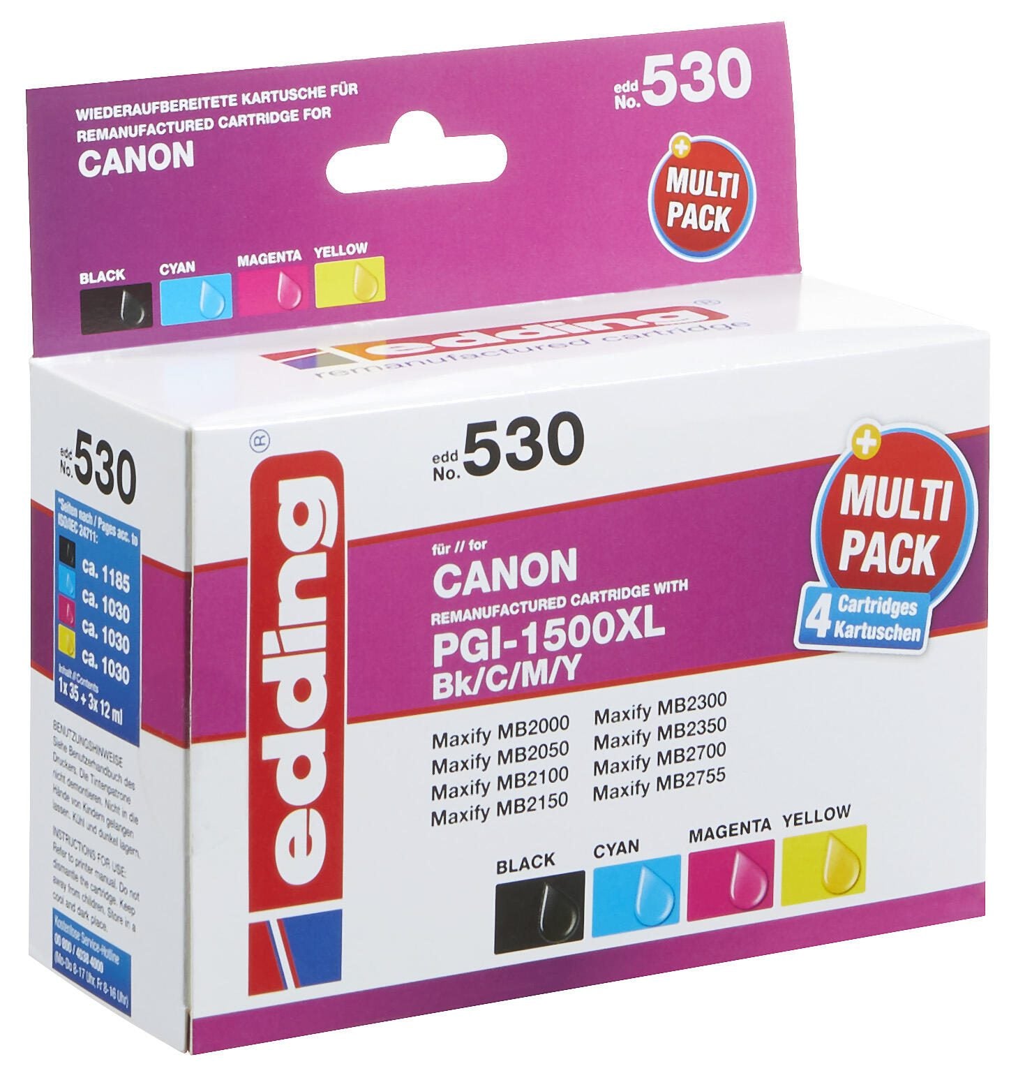 edding Druckerpatronen EDD-530 schwarz, cyan, magenta, gelb kompatibel zu Canon PGI-1500 XL BK/C/M/Y, 4er-Set