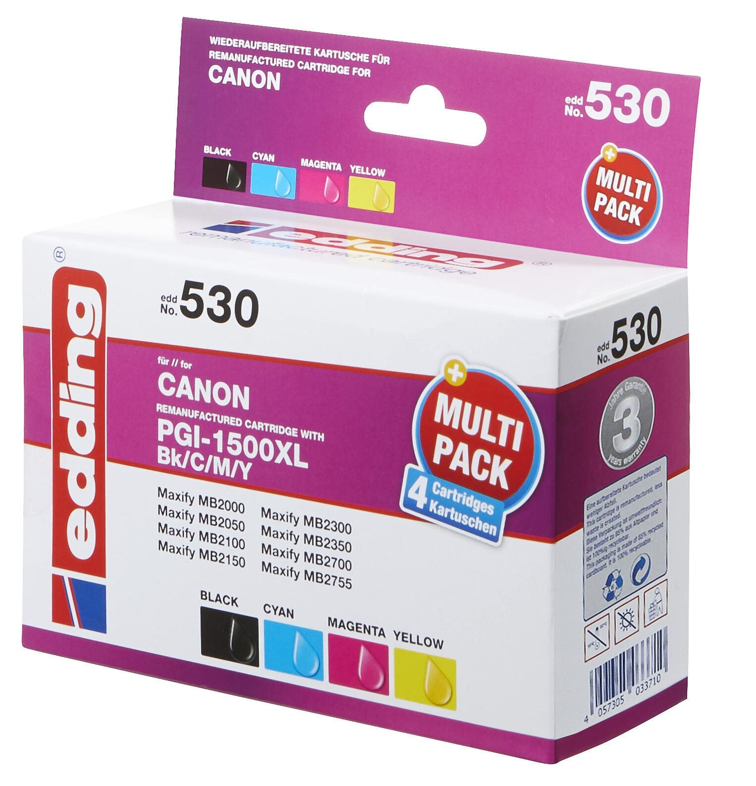 edding Druckerpatronen EDD-530 schwarz, cyan, magenta, gelb kompatibel zu Canon PGI-1500 XL BK/C/M/Y, 4er-Set