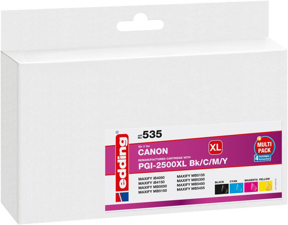 edding Druckerpatronen EDD-535 schwarz, cyan, magenta, gelb kompatibel zu Canon PGI-2500 XL BK/C/M/Y, 4er-Set