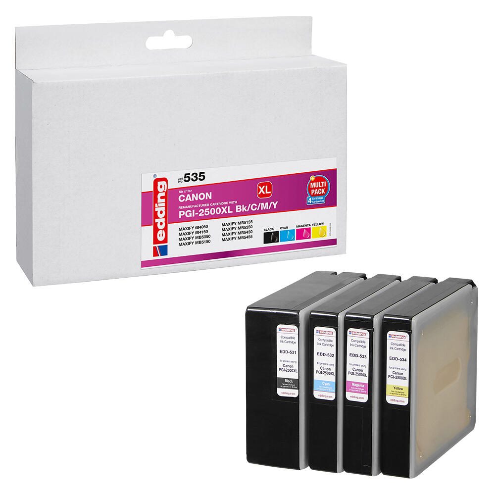 edding Druckerpatronen EDD-535 schwarz, cyan, magenta, gelb kompatibel zu Canon PGI-2500 XL BK/C/M/Y, 4er-Set