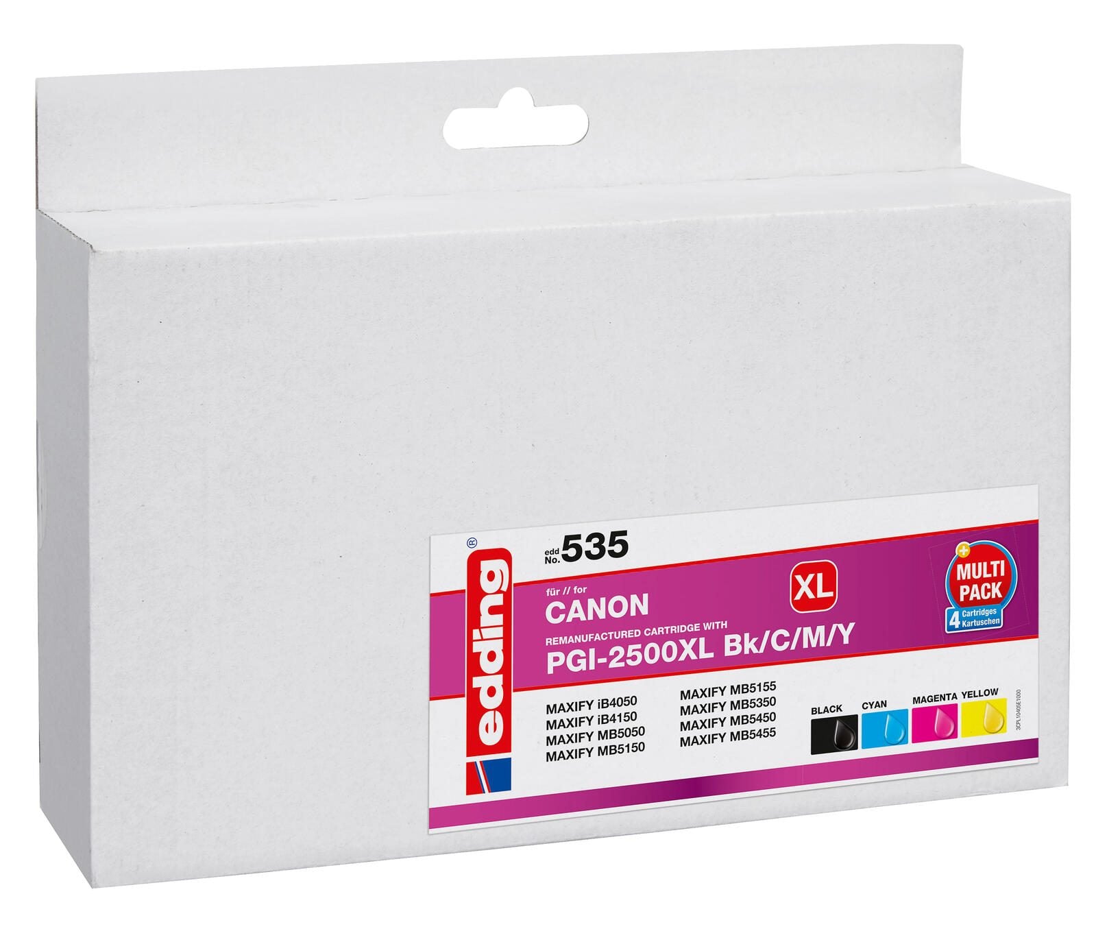 edding Druckerpatronen EDD-535 schwarz, cyan, magenta, gelb kompatibel zu Canon PGI-2500 XL BK/C/M/Y, 4er-Set