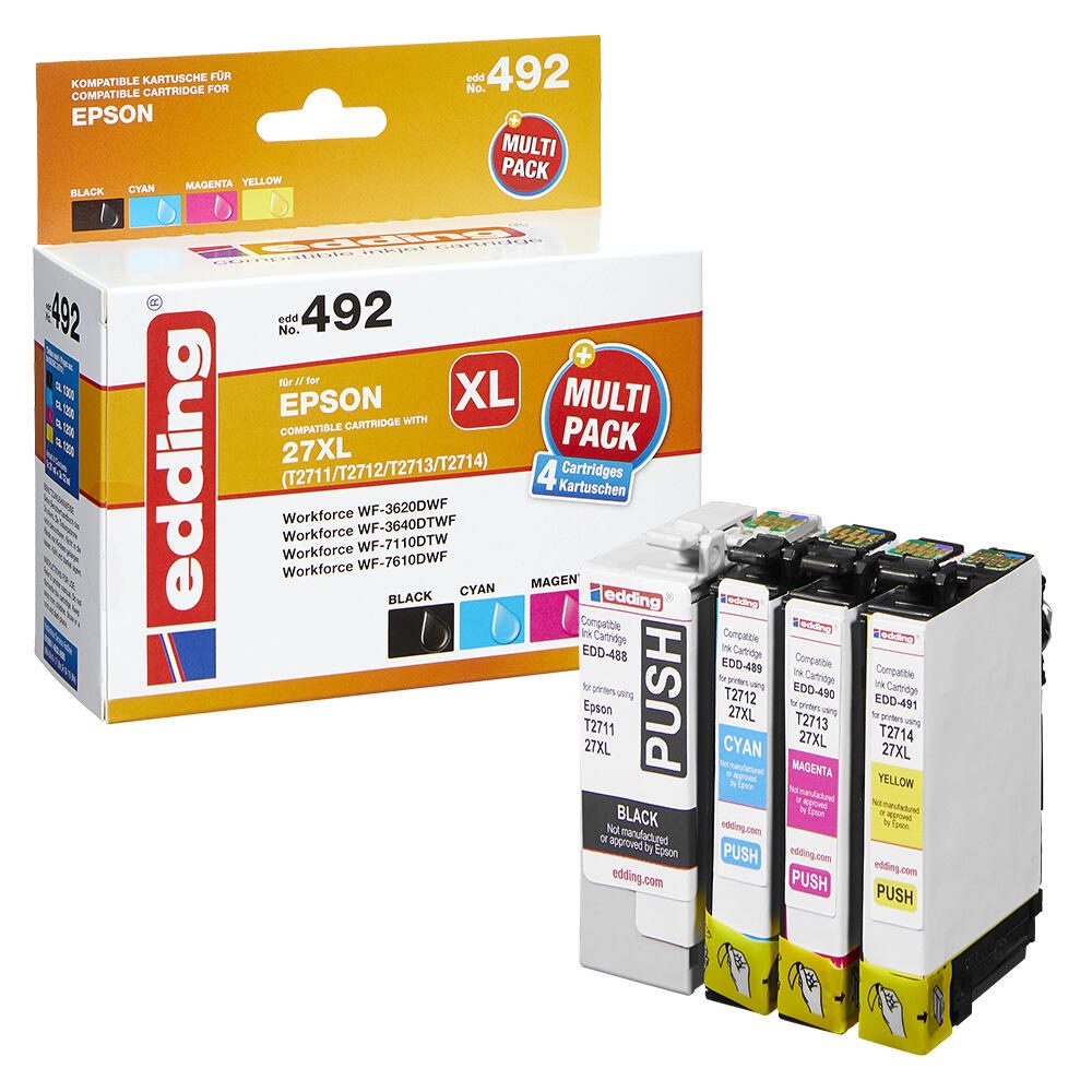 edding Druckerpatronen EDD-492 schwarz, cyan, magenta, gelb kompatibel zu EPSON 27XL / T2711XL/12XL/13XL/14XL, 4er-Set