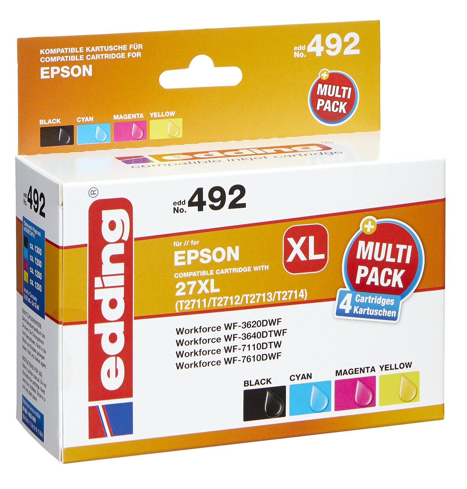 edding Druckerpatronen EDD-492 schwarz, cyan, magenta, gelb kompatibel zu EPSON 27XL / T2711XL/12XL/13XL/14XL, 4er-Set