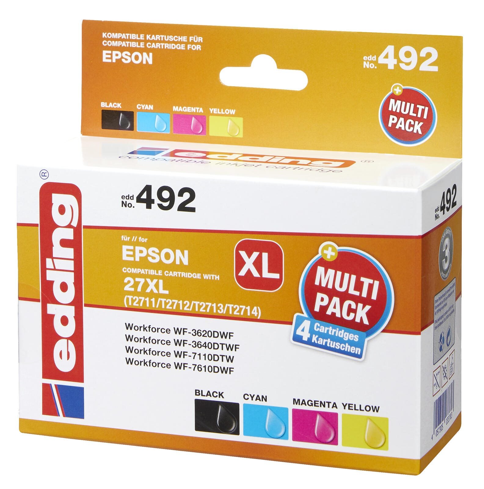 edding Druckerpatronen EDD-492 schwarz, cyan, magenta, gelb kompatibel zu EPSON 27XL / T2711XL/12XL/13XL/14XL, 4er-Set