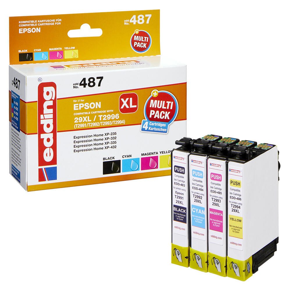 edding Druckerpatrone EDD-487 schwarz, cyan, magenta, gelb kompatibel zu EPSON 29XL / T2996XL, 4er-Set