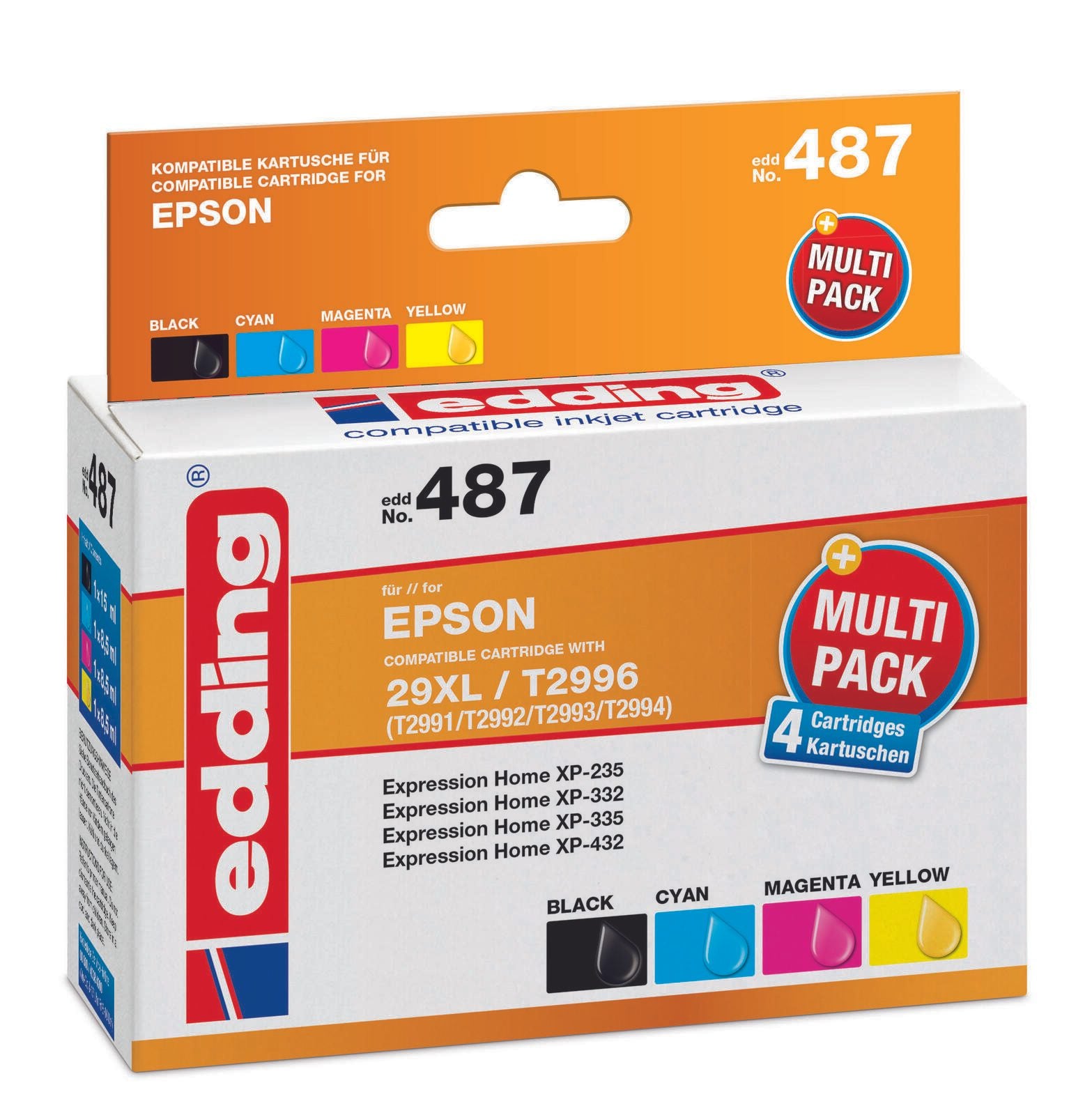 edding Druckerpatrone EDD-487 schwarz, cyan, magenta, gelb kompatibel zu EPSON 29XL / T2996XL, 4er-Set