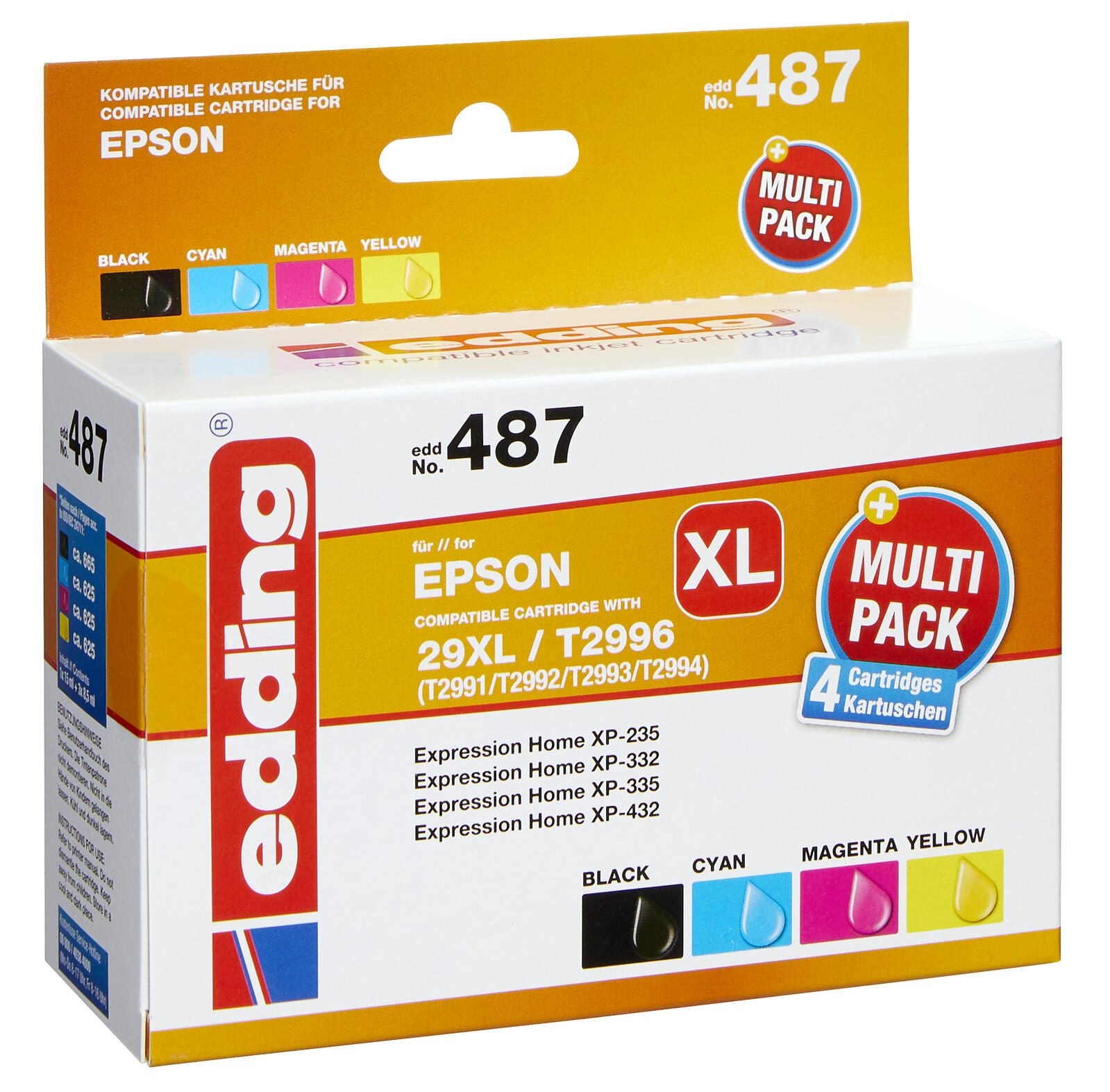 edding Druckerpatrone EDD-487 schwarz, cyan, magenta, gelb kompatibel zu EPSON 29XL / T2996XL, 4er-Set