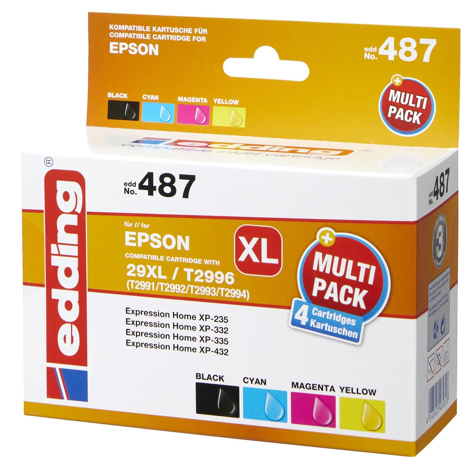 edding Druckerpatrone EDD-487 schwarz, cyan, magenta, gelb kompatibel zu EPSON 29XL / T2996XL, 4er-Set