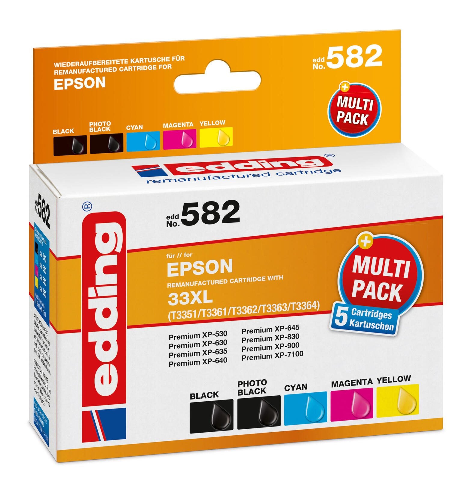 edding Druckerpatronen EDD-582 schwarz, cyan, magenta, gelb, Foto schwarz kompatibel zu EPSON 33XL / T3357XL, 5er-Set