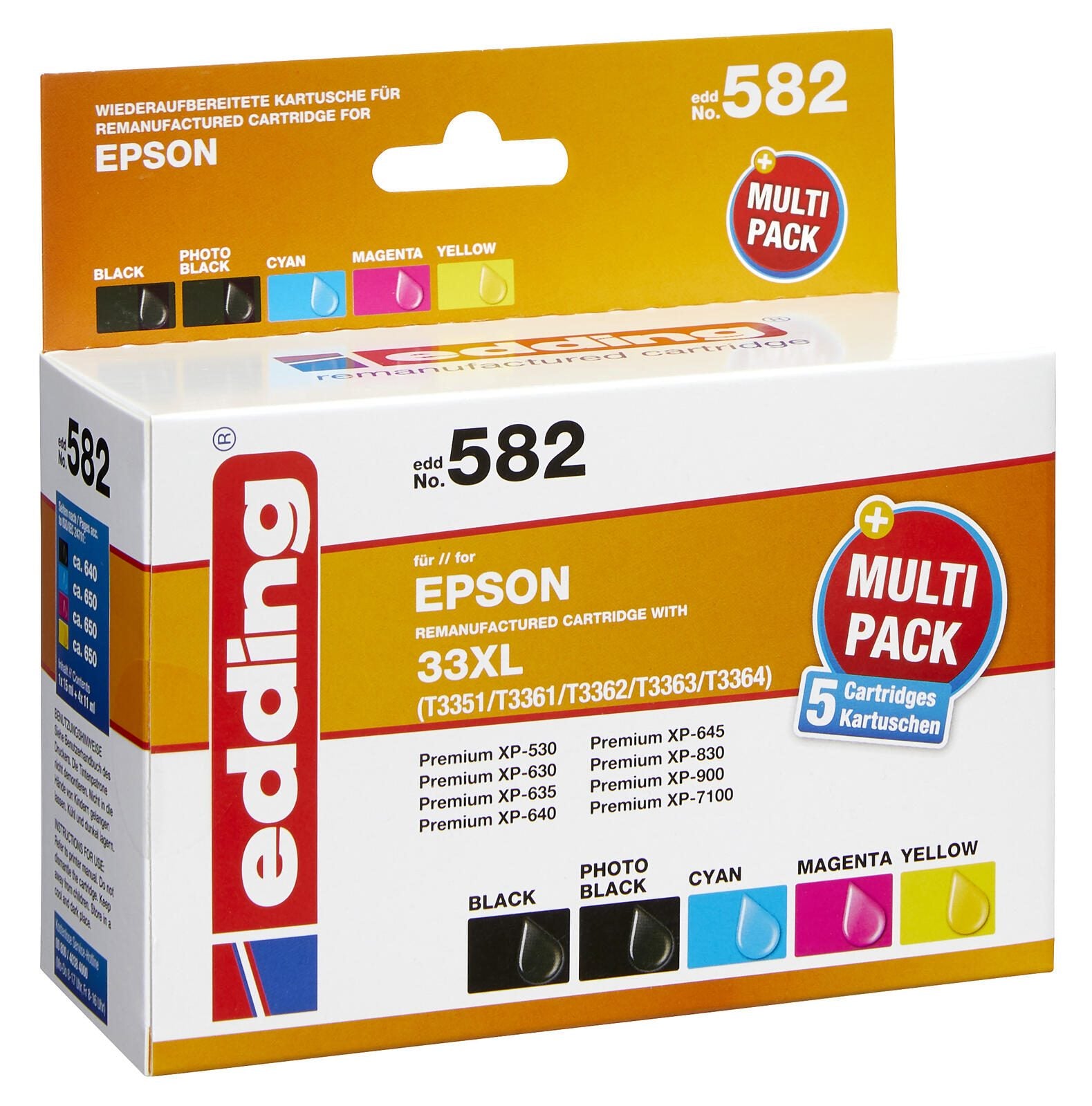 edding Druckerpatronen EDD-582 schwarz, cyan, magenta, gelb, Foto schwarz kompatibel zu EPSON 33XL / T3357XL, 5er-Set