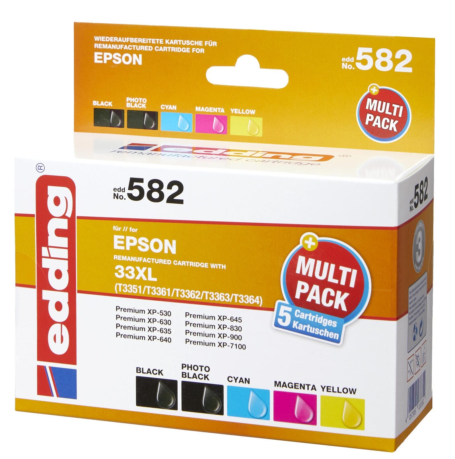 edding Druckerpatronen EDD-582 schwarz, cyan, magenta, gelb, Foto schwarz kompatibel zu EPSON 33XL / T3357XL, 5er-Set