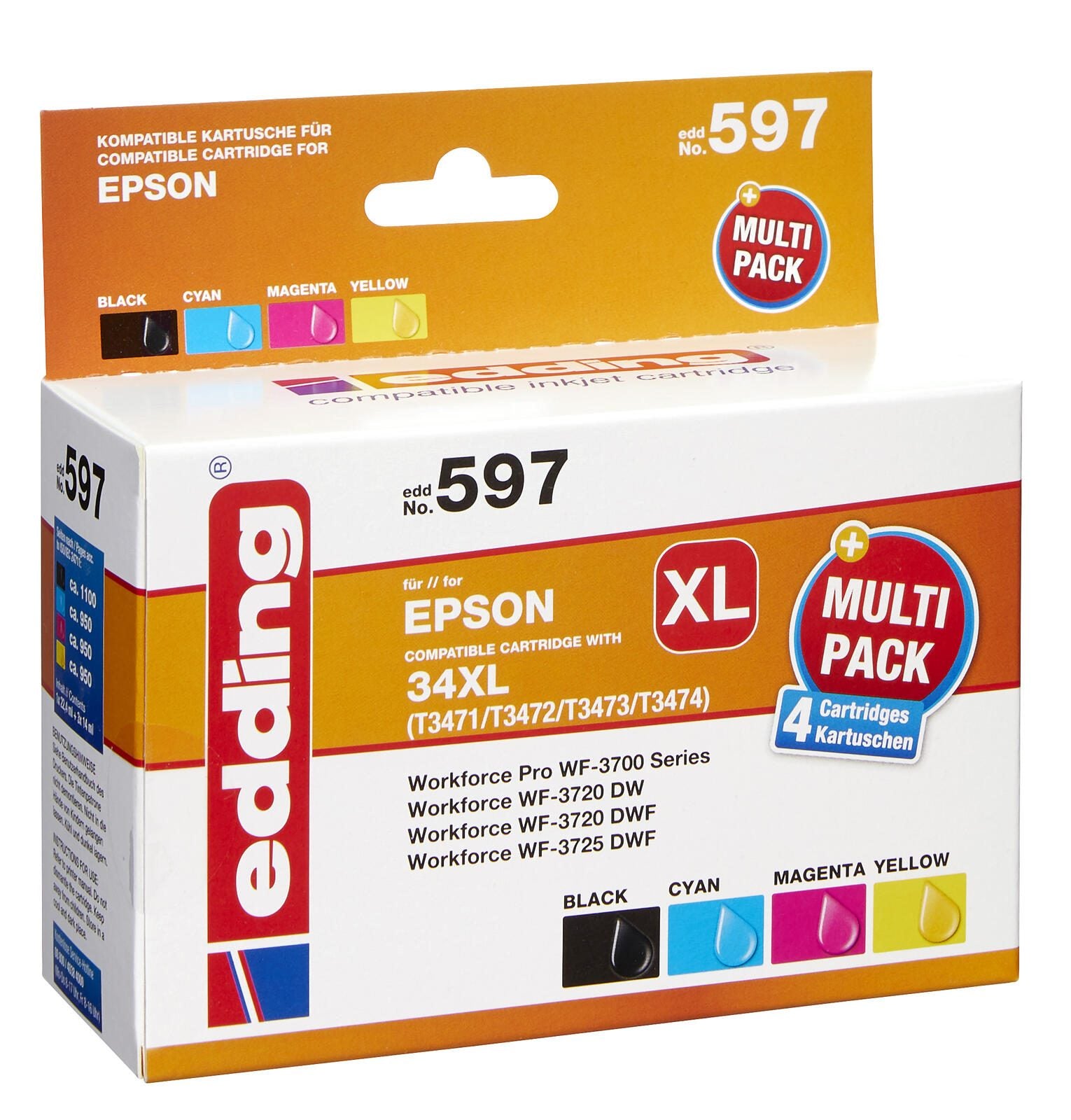 edding Druckerpatronen EDD-597 schwarz, cyan, magenta, gelb kompatibel zu EPSON 34XL / T3476XL, 4er-Set