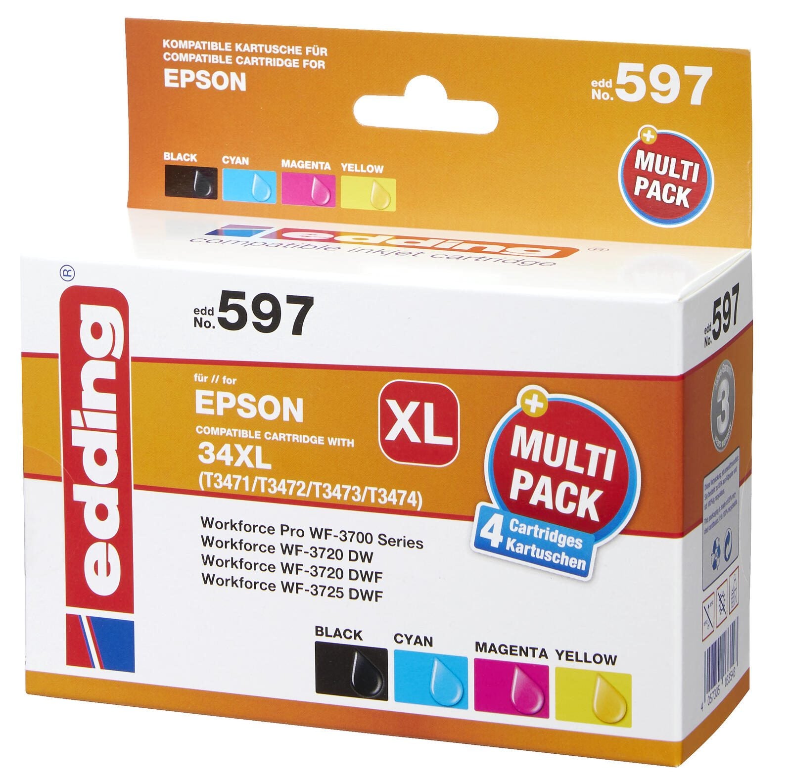 edding Druckerpatronen EDD-597 schwarz, cyan, magenta, gelb kompatibel zu EPSON 34XL / T3476XL, 4er-Set