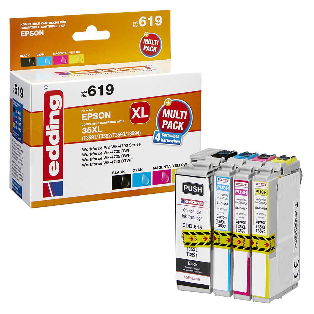 edding Druckerpatronen EDD-619 schwarz, cyan, magenta, gelb kompatibel zu EPSON 35XL / T3596XL, 4er-Set