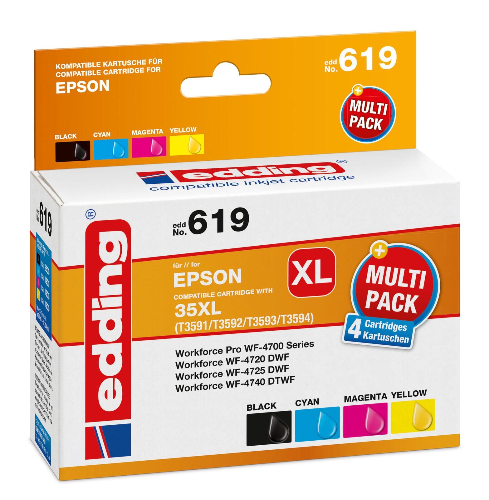 edding Druckerpatronen EDD-619 schwarz, cyan, magenta, gelb kompatibel zu EPSON 35XL / T3596XL, 4er-Set