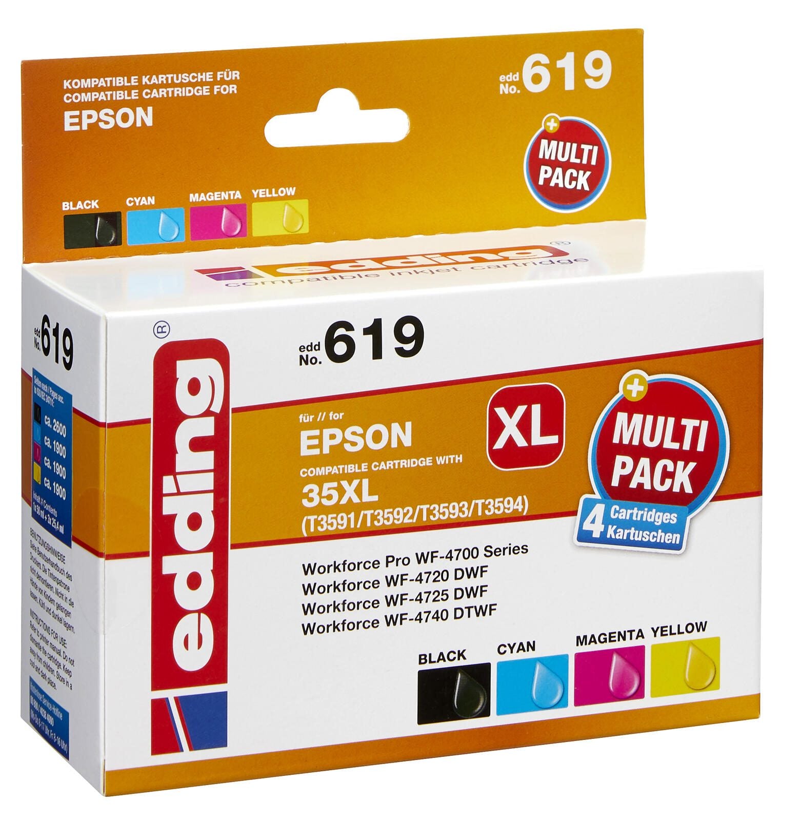 edding Druckerpatronen EDD-619 schwarz, cyan, magenta, gelb kompatibel zu EPSON 35XL / T3596XL, 4er-Set