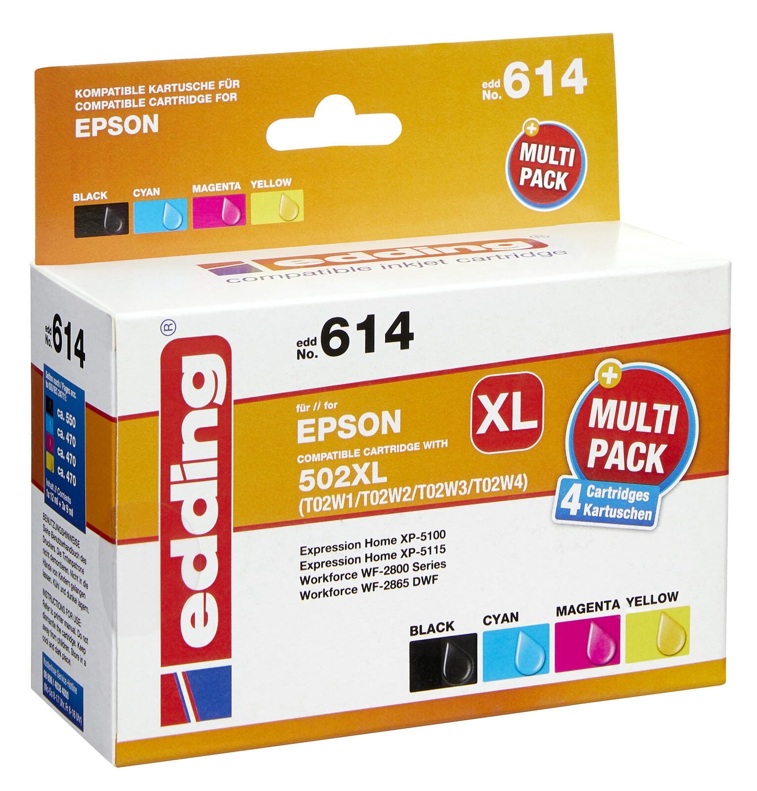 edding Druckerpatronen EDD-614 schwarz, cyan, magenta, gelb kompatibel zu EPSON 502XL/T02W64, 4er-Set