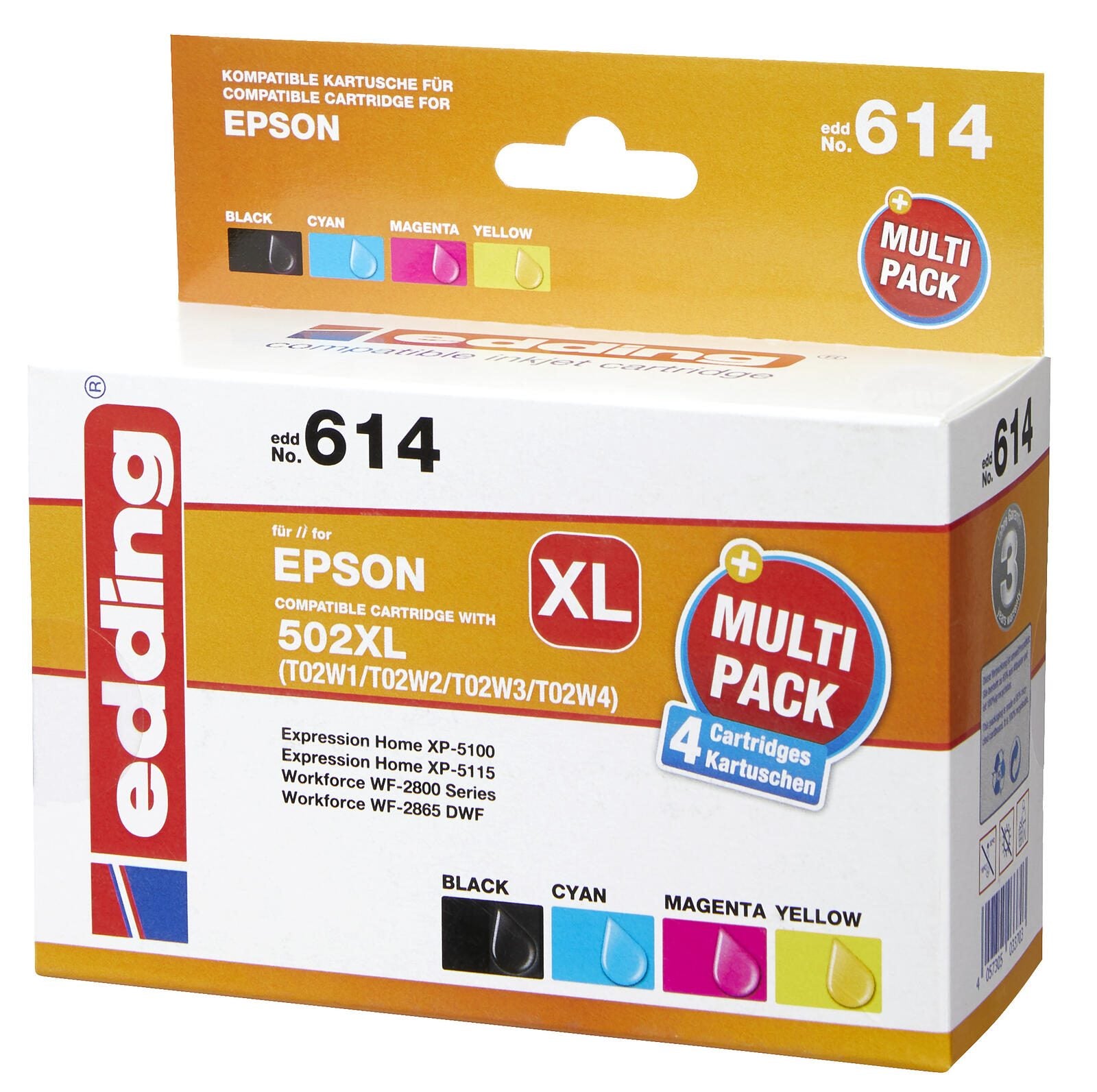 edding Druckerpatronen EDD-614 schwarz, cyan, magenta, gelb kompatibel zu EPSON 502XL/T02W64, 4er-Set
