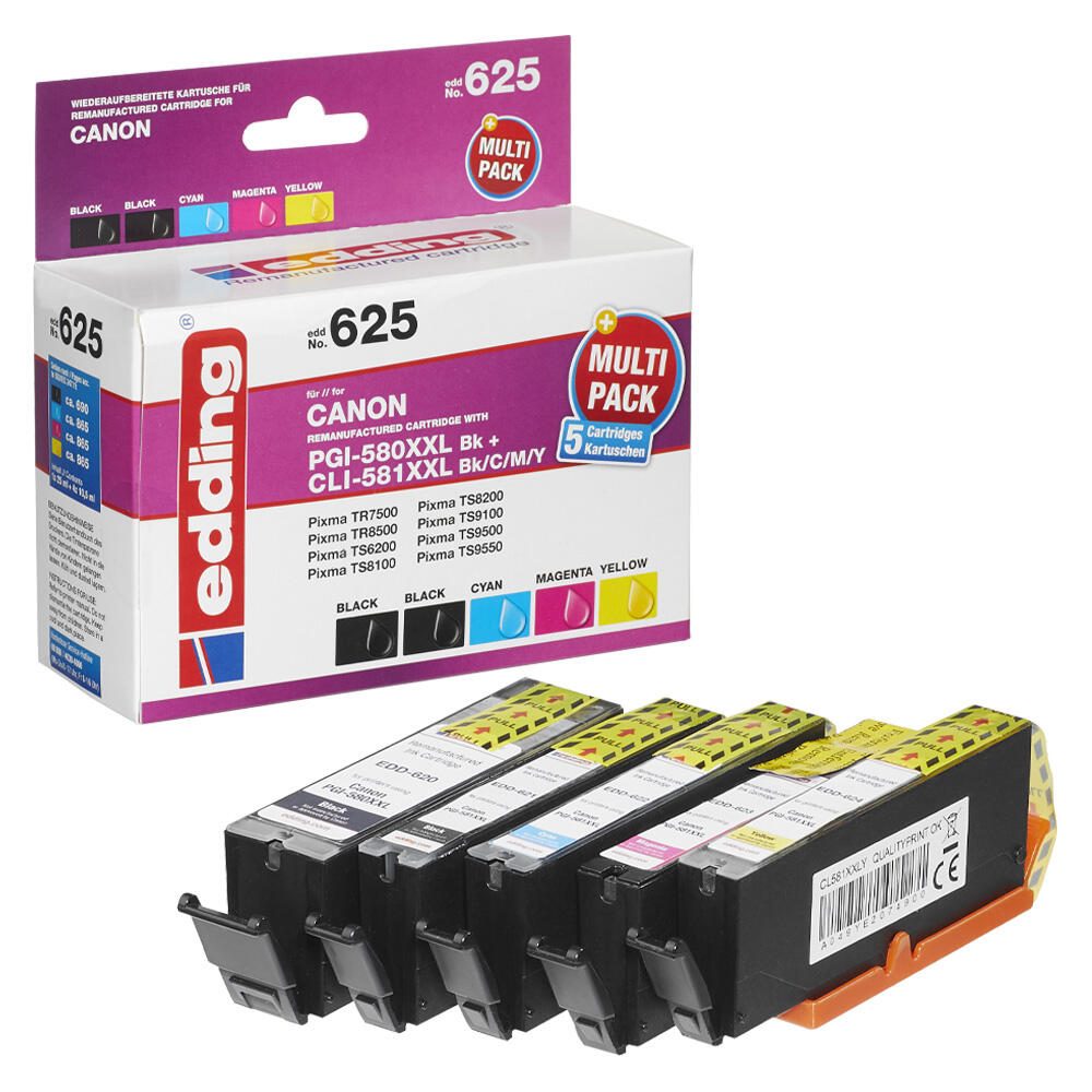 edding Druckerpatronen EDD-625 2x schwarz, cyan, magenta, gelb kompatibel zu Canon PGI-580XXL BK, CLI-581XXL BK/C/M/Y, 5