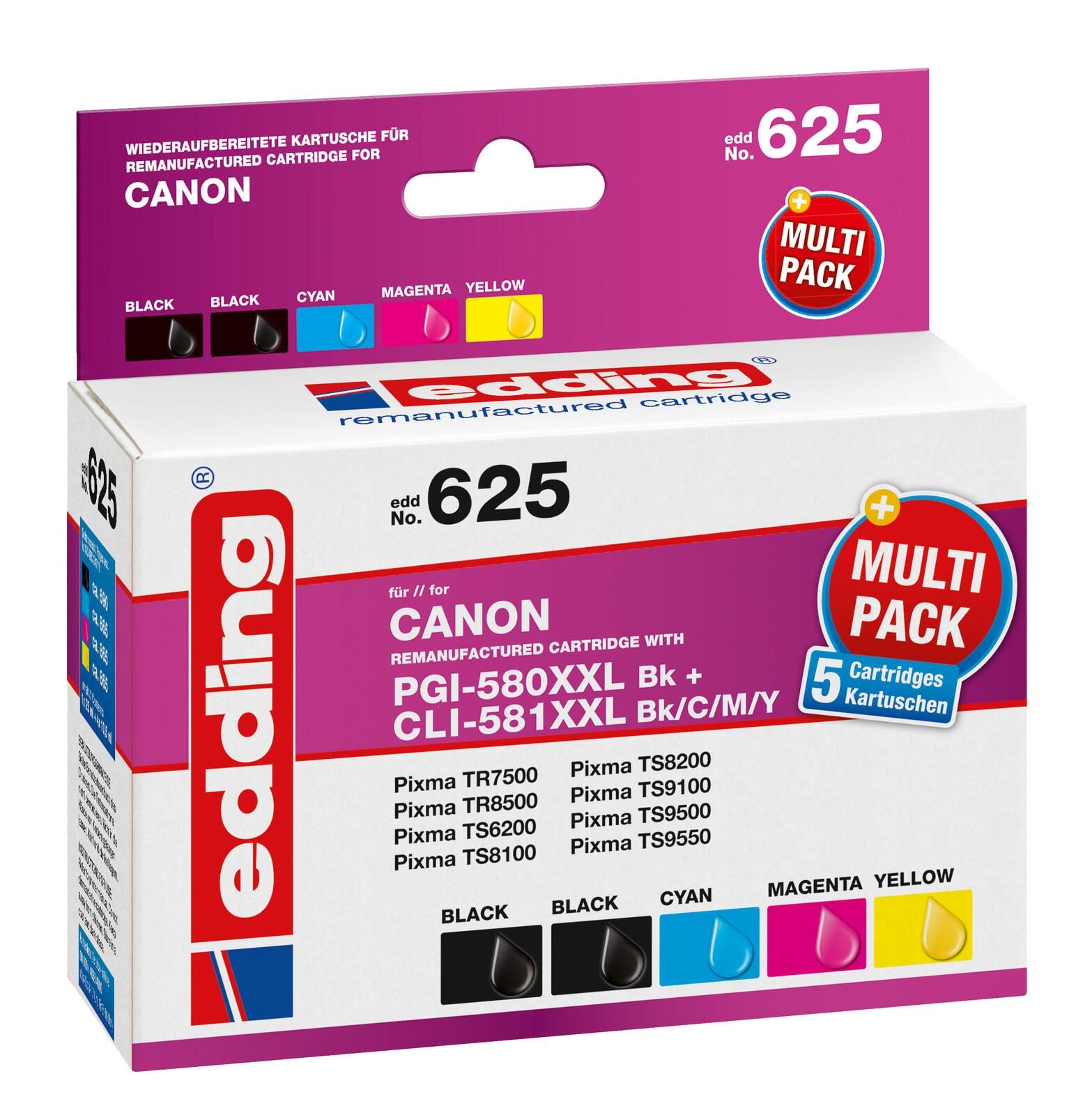 edding Druckerpatronen EDD-625 2x schwarz, cyan, magenta, gelb kompatibel zu Canon PGI-580XXL BK, CLI-581XXL BK/C/M/Y, 5