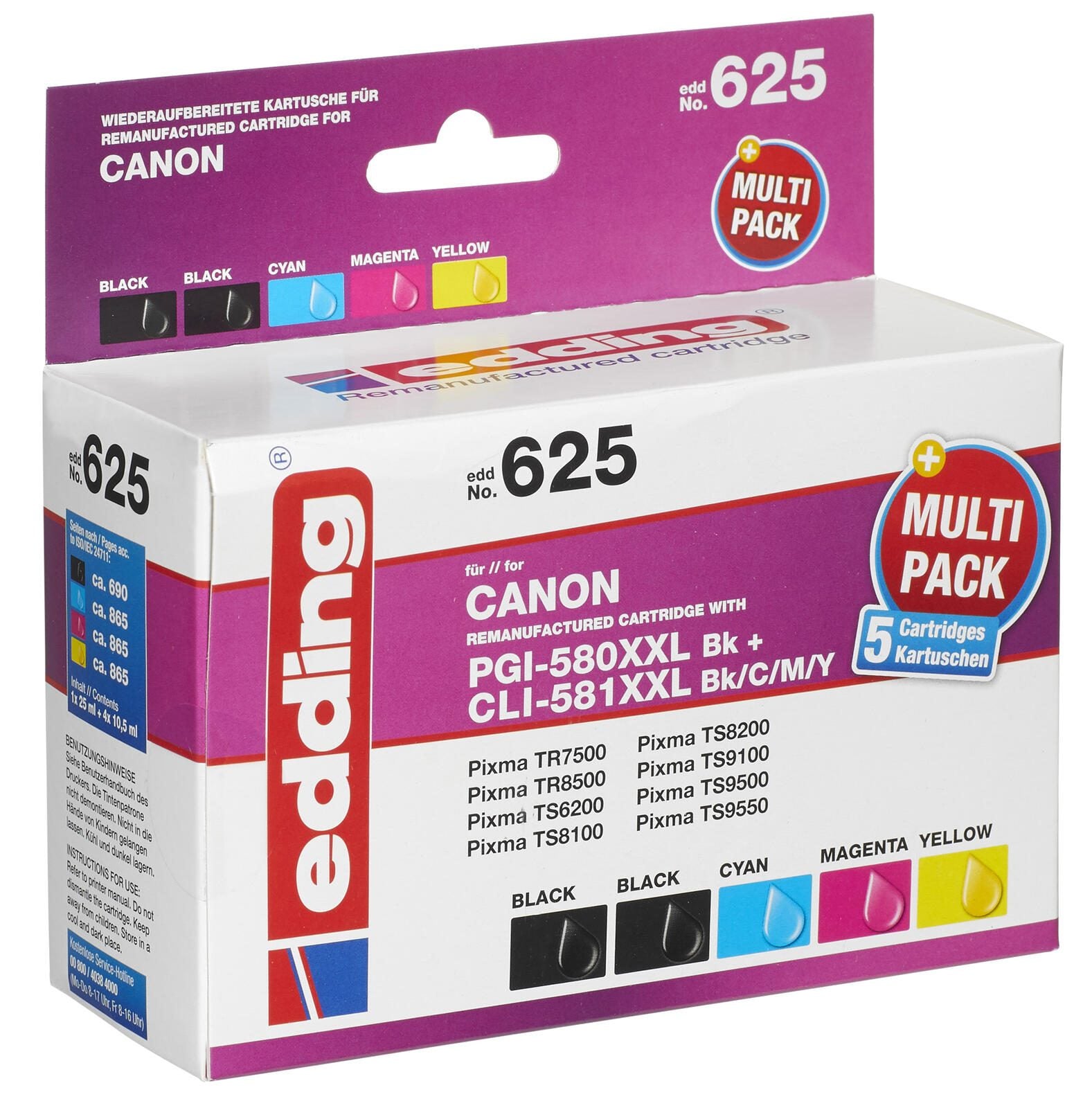 edding Druckerpatronen EDD-625 2x schwarz, cyan, magenta, gelb kompatibel zu Canon PGI-580XXL BK, CLI-581XXL BK/C/M/Y, 5