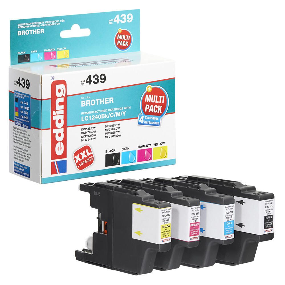 edding Druckerpatronen EDD-439 schwarz, cyan, magenta, gelb kompatibel zu brother LC-1240BK/C/M/Y, 4er-Set