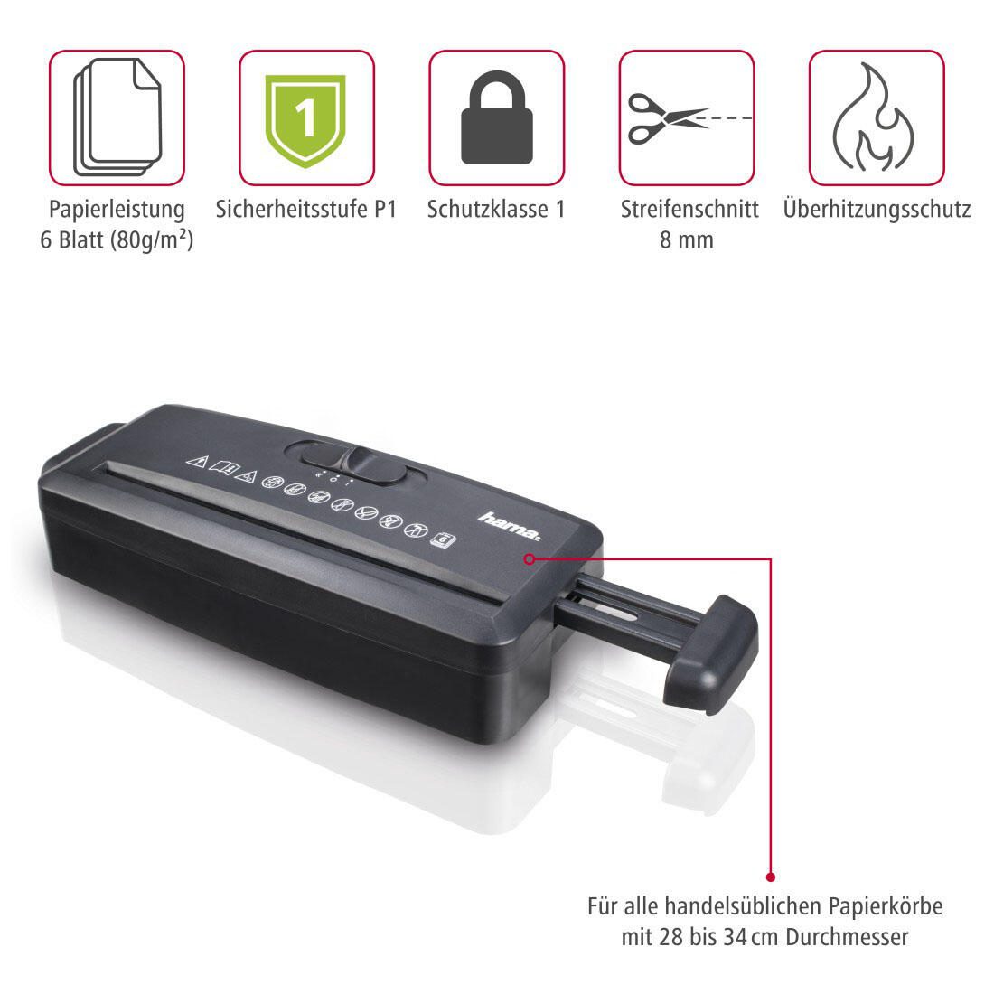 Hama Mini S6 Aktenvernichter mit Streifenschnitt bis 6 Blatt schwarz