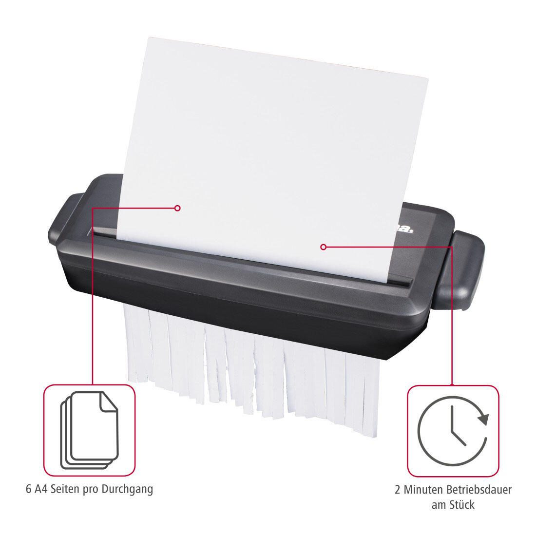 Hama Mini S6 Aktenvernichter mit Streifenschnitt bis 6 Blatt schwarz