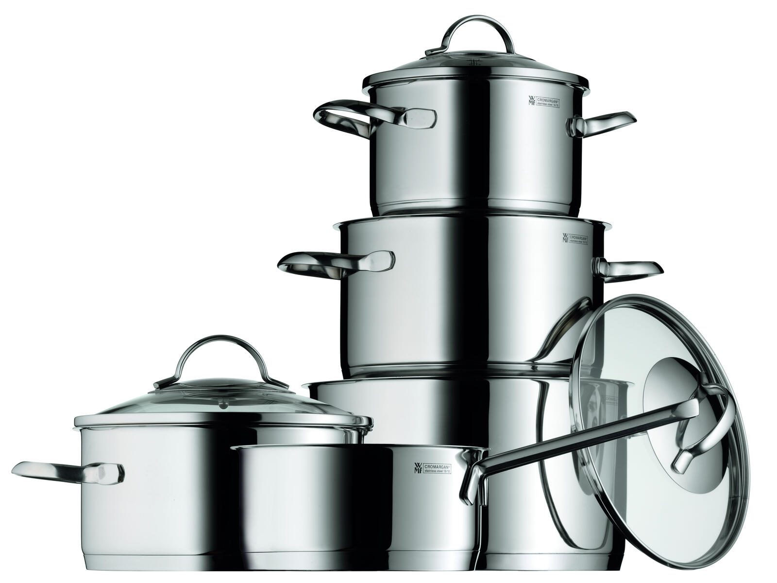 WMF Provence Plus Topf-Set Bratentopf (2,5l), Fleischtöpfe(1,9l), (3,3l), (5,7l), Stielkasserolle (1,7l) silber