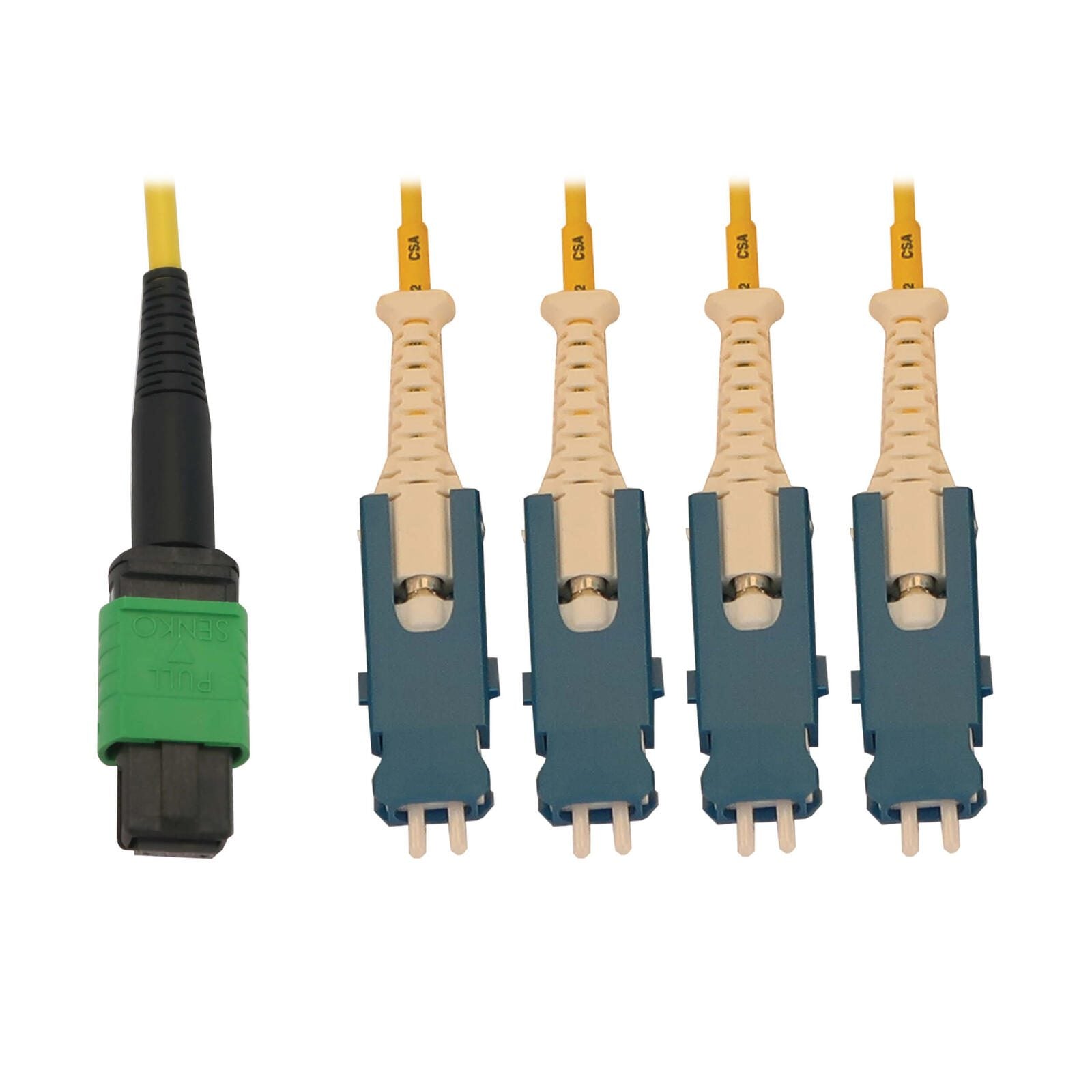 Eaton Tripp Lite Series 40/100/400G Singlemode 9/125 OS2 Breakout Fiber Optic Kabel (12F MTP/MPO-APC zu 4x Duplex SN-UPC
