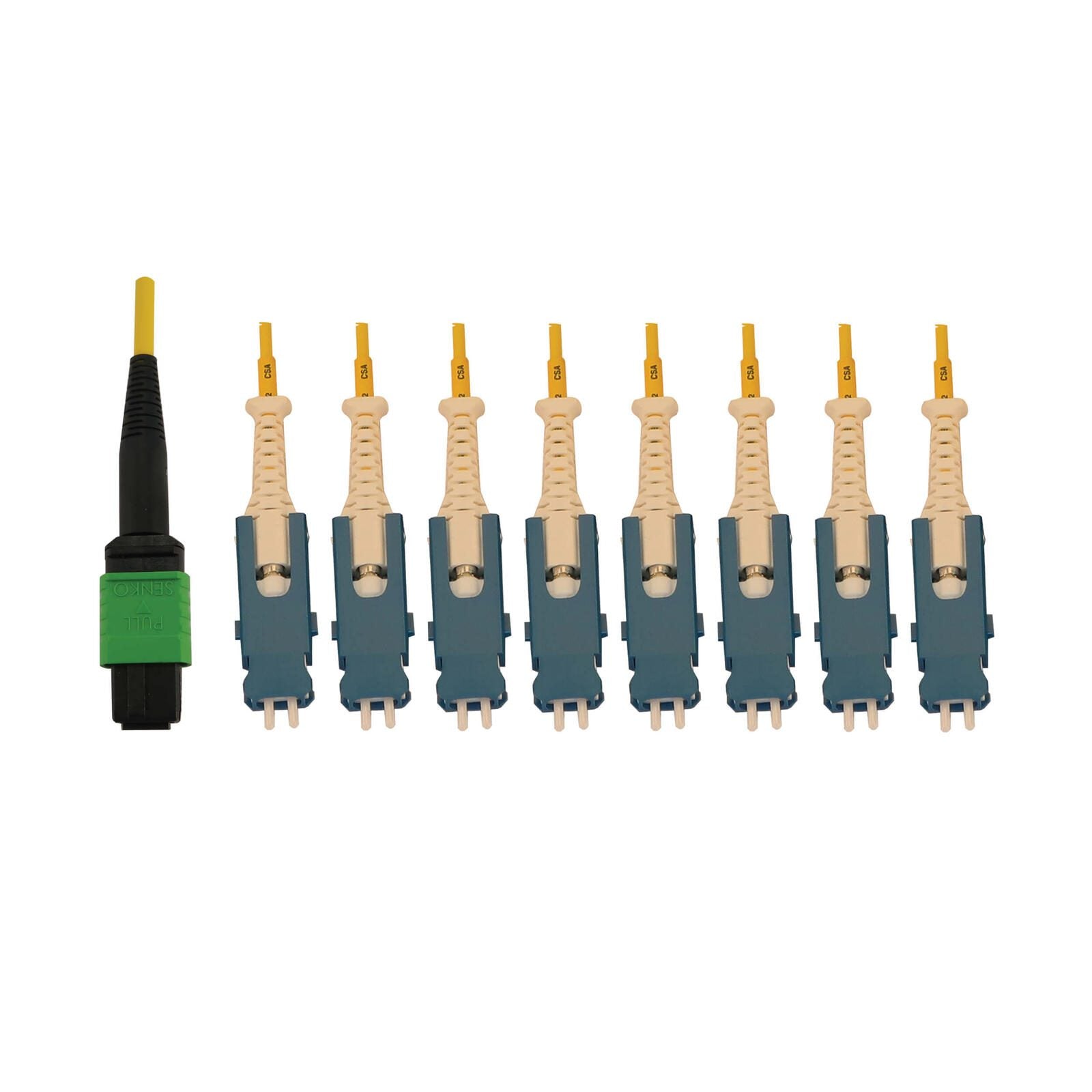 Eaton Tripp Lite Series 40/100/400G Singlemode 9/125 OS2 Breakout Fiber Optic Kabel (16F MTP/MPO-APC zu 8x Duplex SN-UPC