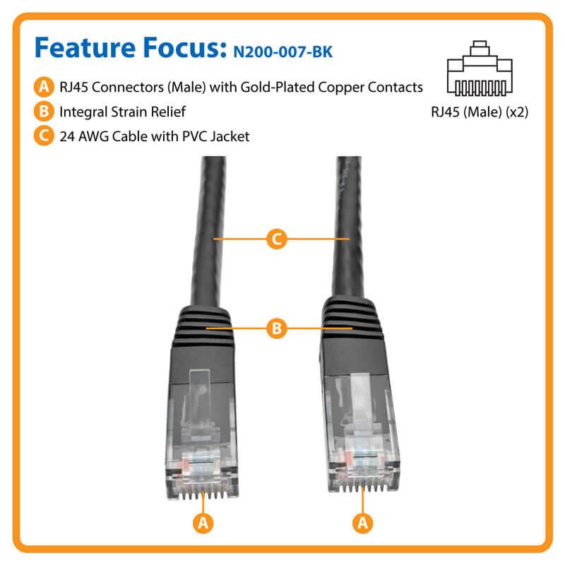 Eaton Tripp Lite Series Cat6 Gigabit Molded (UTP) Ethernet Kabel (RJ45 Stecker/Stecker), Schwarz, 7 ft. (2.13 m)