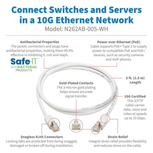 Eaton Tripp Lite Series Safe-IT Cat6a 10G Snagless Antibacterial S/FTP Ethernet Kabel (RJ45 Stecker/Stecker), PoE, White