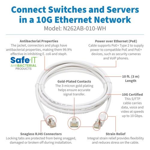 Eaton Tripp Lite Series Safe-IT Cat6a 10G Snagless Antibacterial S/FTP Ethernet Kabel (RJ45 Stecker/Stecker), PoE, White