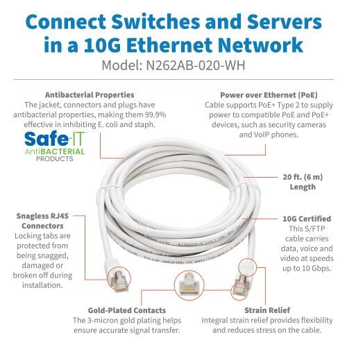 Eaton Tripp Lite Series Safe-IT Cat6a 10G Snagless Antibacterial S/FTP Ethernet Kabel (RJ45 Stecker/Stecker), PoE, White