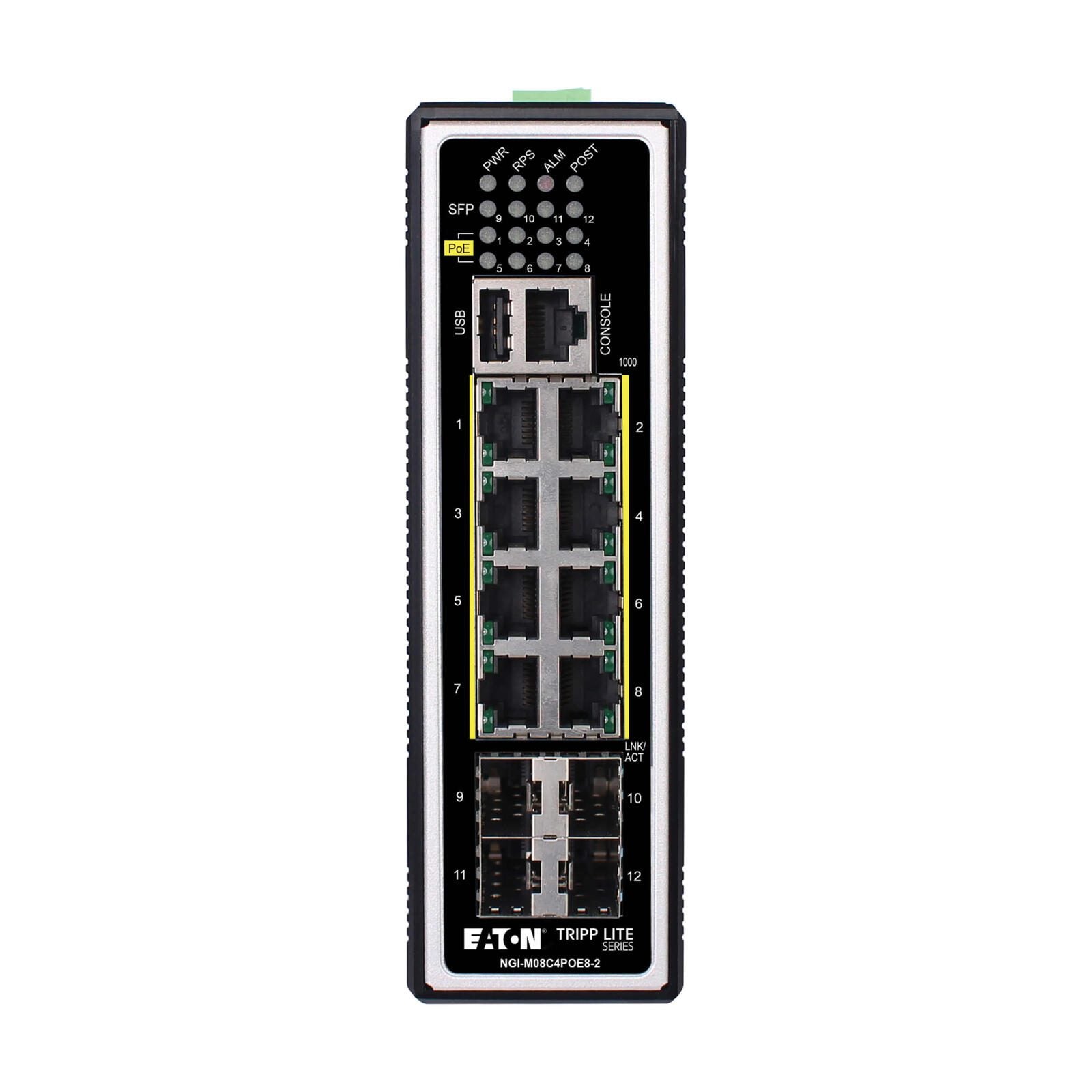 Eaton Tripp Lite Series 8-Port Managed Industrial Gigabit Ethernet Switch - Layer 2, 1 Gbps, PoE+ 30W, 4 GbE SFP Ports,
