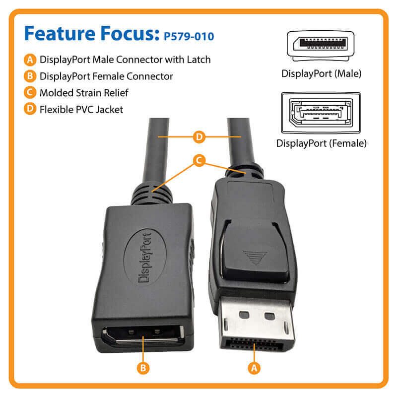 Eaton Tripp Lite Series DisplayPort Verlängerung Kabel mit Latch, 4K @ 60 Hz, HDCP 2.2 (M/F),10 ft. (3.05 m)