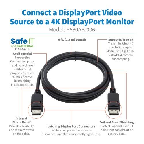 Eaton Tripp Lite Series Safe-IT High-Speed DisplayPort Antibacterial Kabel mit Latching Verbinder (Stecker/Stecker), UHD