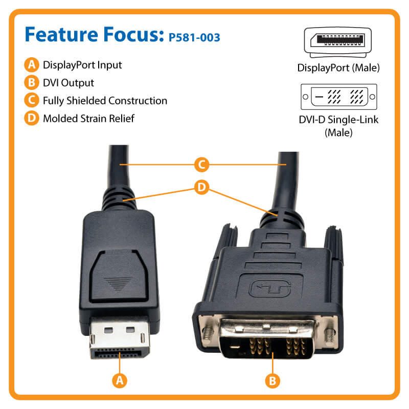 Eaton Tripp Lite Series DisplayPort zu DVI Adapterkabel (DP mit Verriegelungen auf DVI-D Single Link Stecker/Stecker), 3