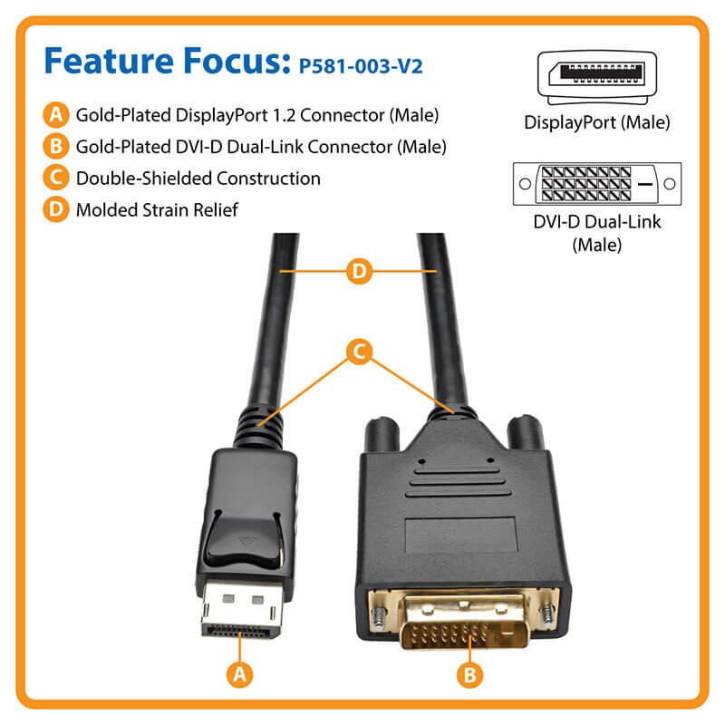 Eaton Tripp Lite Series DisplayPort 1.2 zu DVI Active Adapterkabel (DP mit Verriegelungen auf DVI-D Dual Link Stecker/St