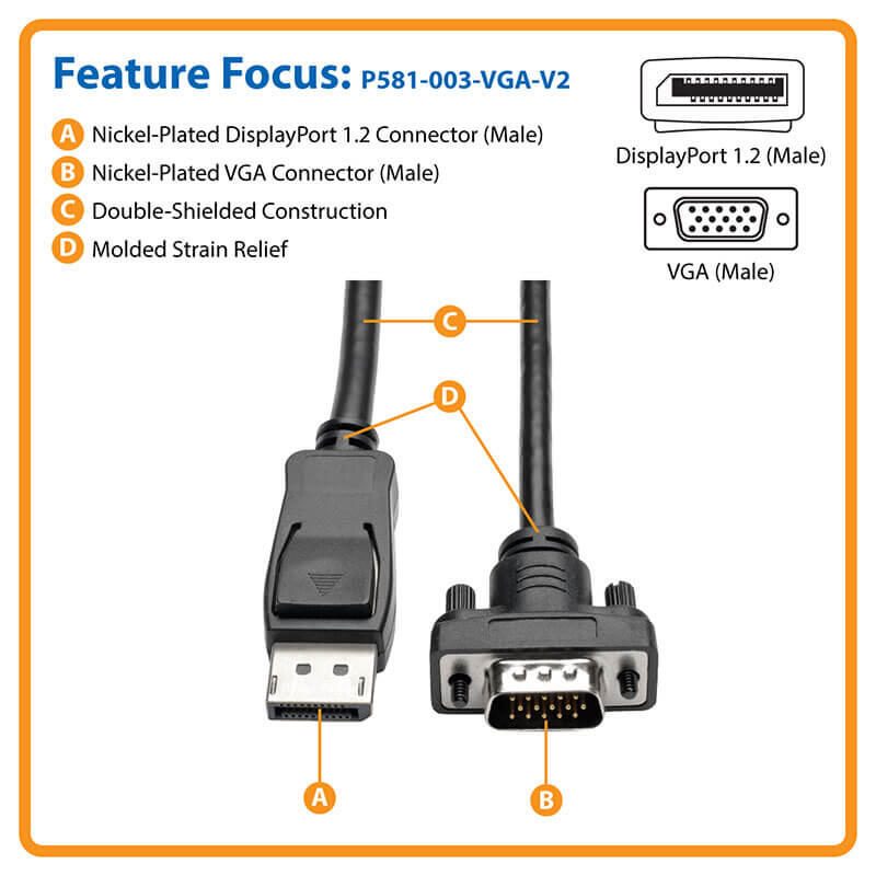 Eaton Tripp Lite Series DisplayPort 1.2 zu VGA Active Adapterkabel (DP mit Verriegelungen auf HD15 Stecker/Stecker), 3 f