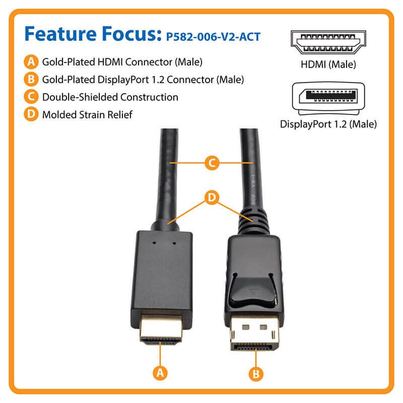 Eaton Tripp Lite Series DisplayPort 1.2 zu HDMI Active Adapterkabel (DP mit Verriegelungen auf HDMI Stecker/Stecker), 4K