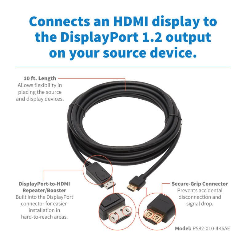 Eaton Tripp Lite Series DisplayPort 1.2 zu HDMI Active Adapterkabel (Stecker/Stecker), 4K 60 Hz, HDR, Secure-Grip Plugs,
