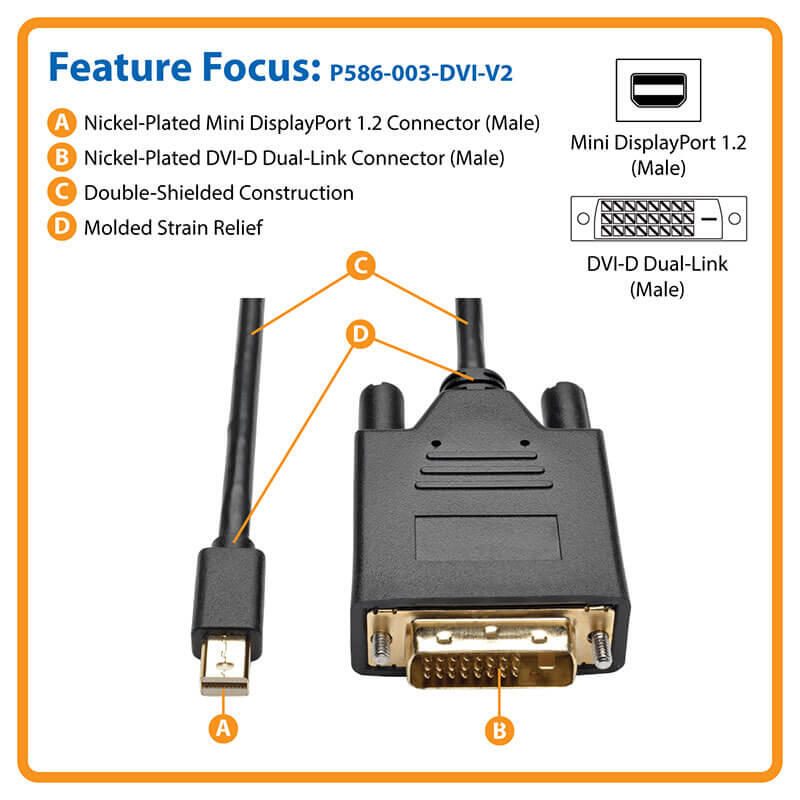 Eaton Tripp Lite Series Mini DisplayPort 1.2 zu DVI Active Adapterkabel (Stecker/Stecker), 1080p, 3 ft. (0.9 m)