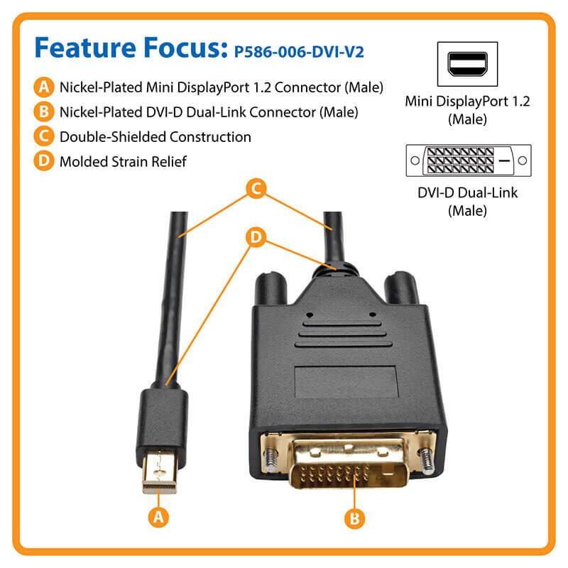 Eaton Tripp Lite Series Mini DisplayPort 1.2 zu DVI Active Adapterkabel (Stecker/Stecker), 1080p, 6 ft. (1.8 m)
