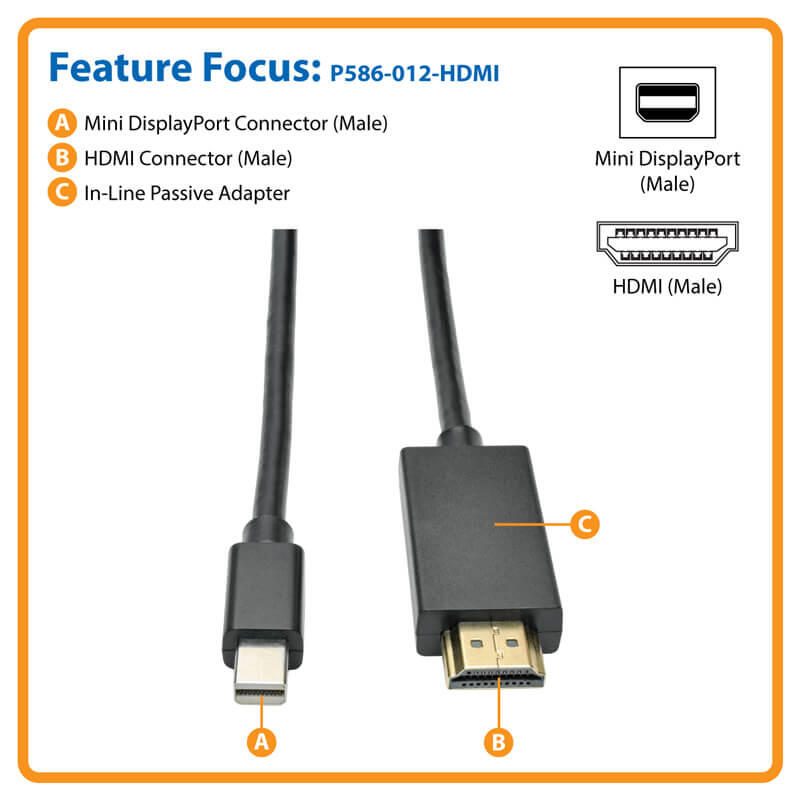 Eaton Tripp Lite Series Mini DisplayPort zu HDMI Active Adapterkabel (Stecker/Stecker), 1080p, 12 ft. (3.7 m)